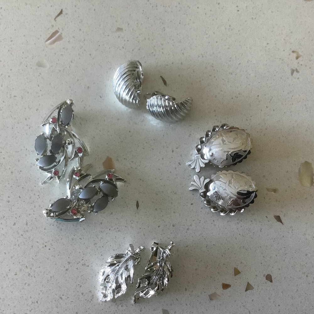 4 pair vintage silver clip on earrings